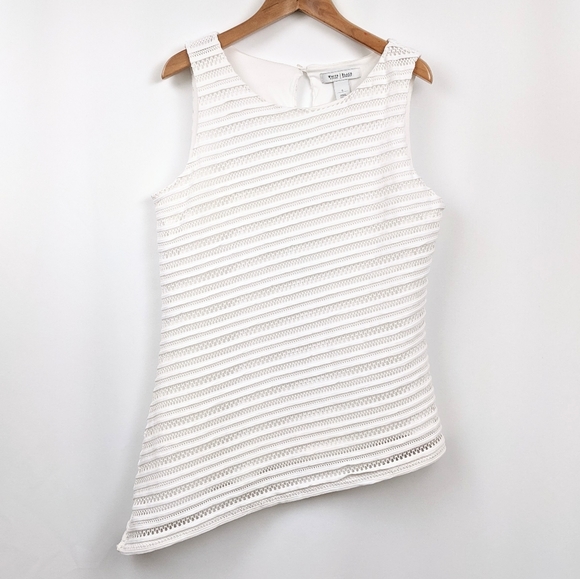 WHBM Eyelet Lace Tank Top Asymmetrical Hem Diagonal Stripes Keyhole Back White S - Picture 1 of 9